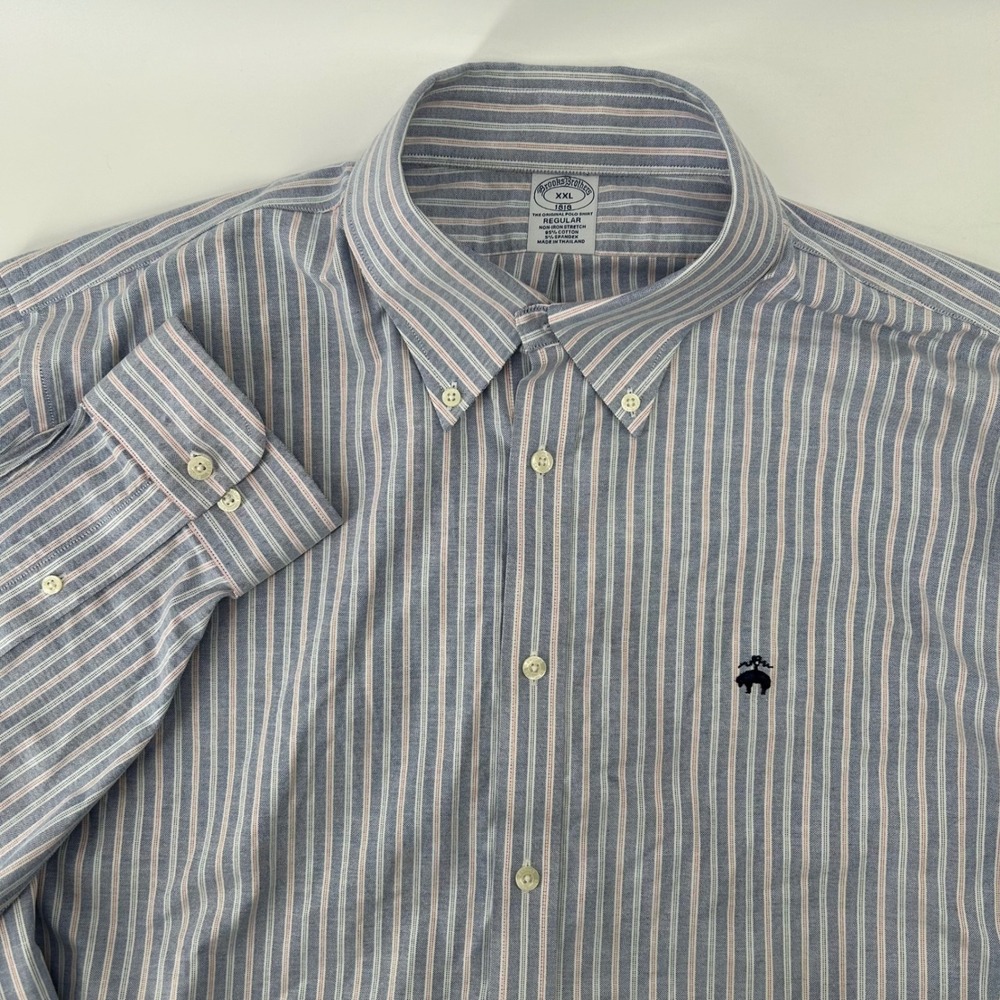 Brooks Brothers Button Down Mens XXL Blue Red Striped Non-Iron Stretch Shirt